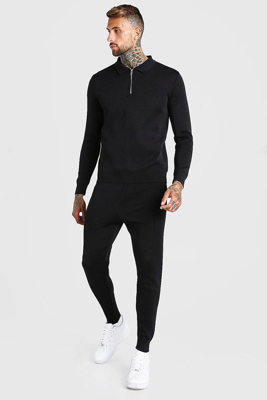 שחור סט של חולצת פולו ארוכה סרוגה עם חצי רוכסן בחלק העליון ומכנסי ריצה סרוגים image number 1