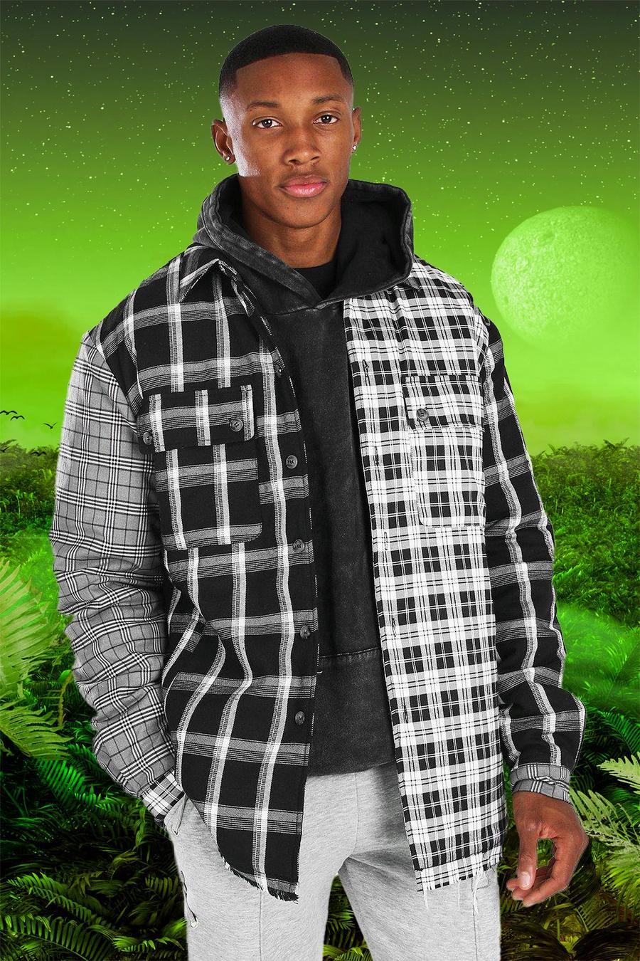 Black Burna Boy Oversized Spliced Flannel Padded Overshirt image number 1