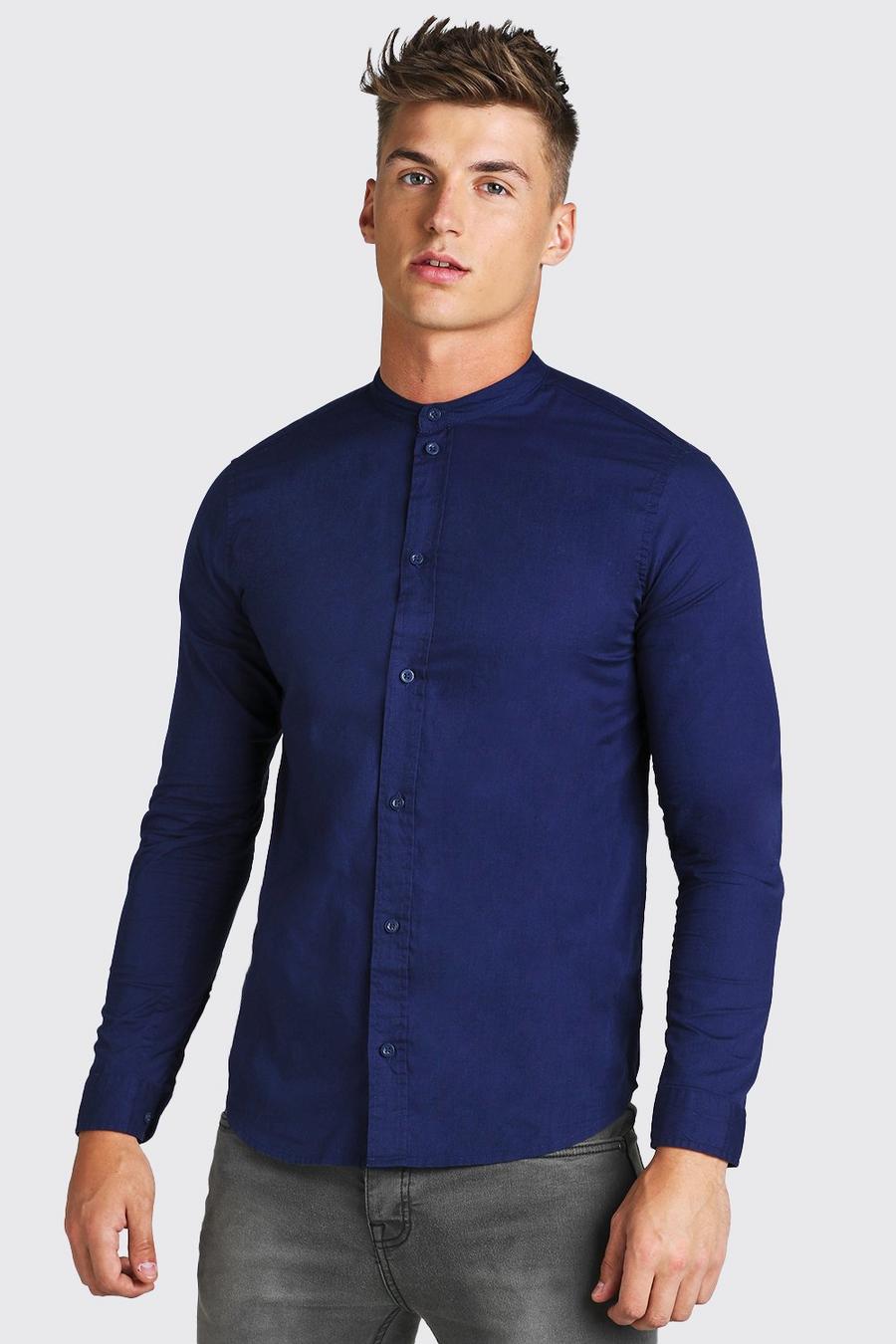 Blue Grandad Collar Long Sleeve Cotton Poplin Shirt image number 1