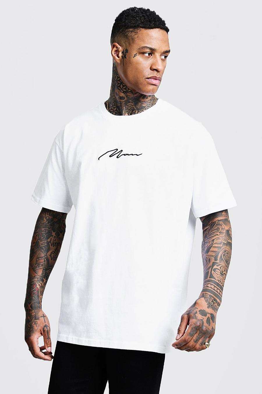 White MAN Signature Embroidered Oversized T-Shirt image number 1