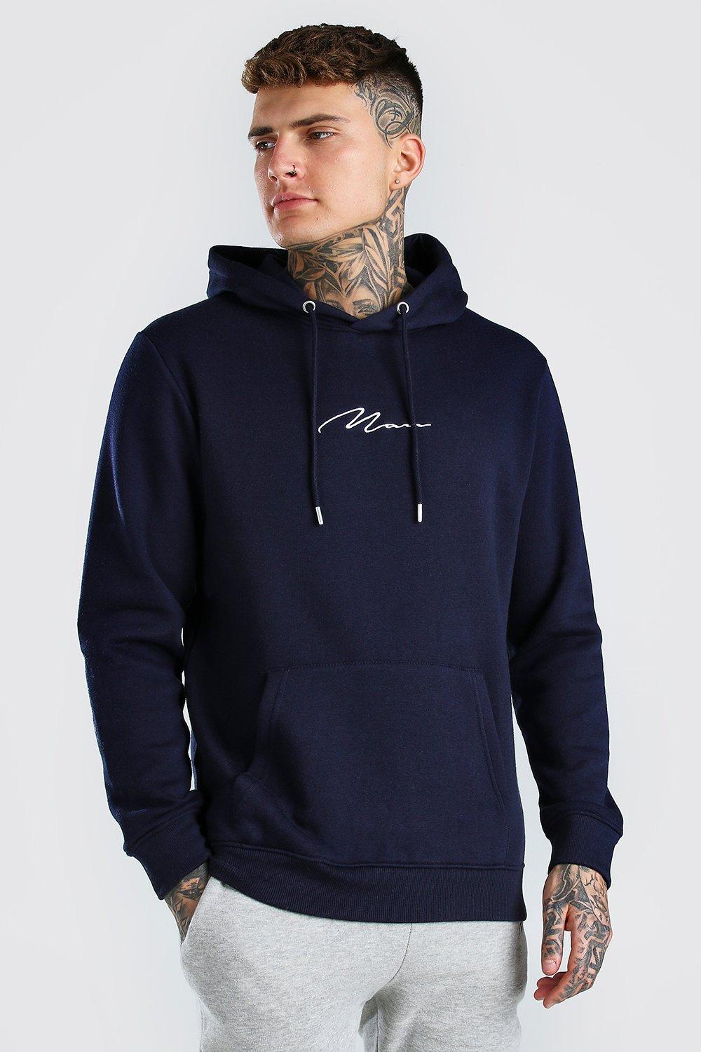 man signature embroidered hoodie