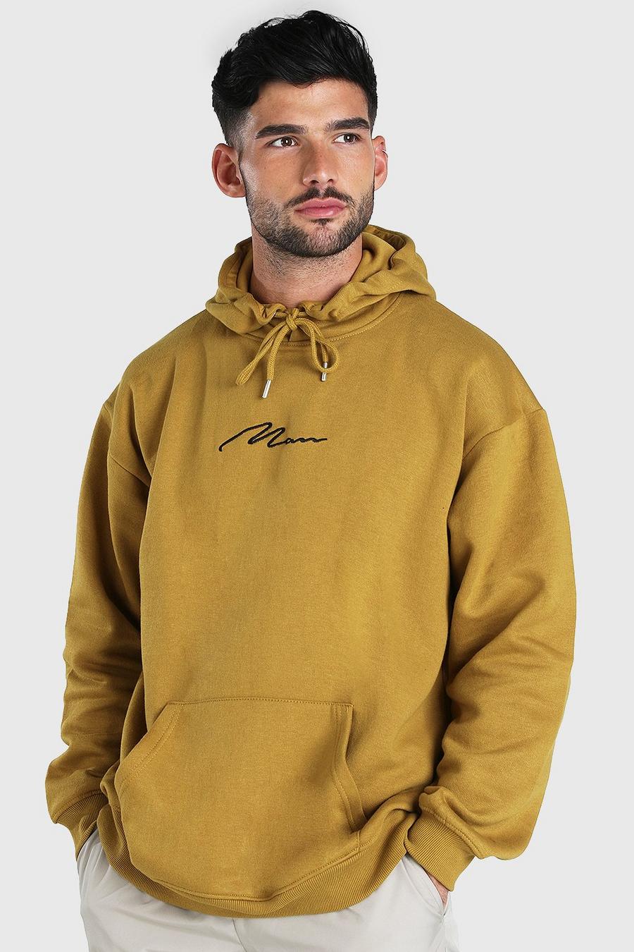 MAN Signature Embroidered Oversized Hoodie, Mustard image number 1