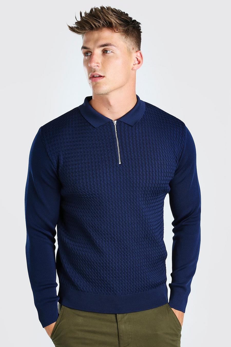 Strukturiertes, langärmeliges Poloshirt mit halbem Reißverschluss, Marineblau image number 1