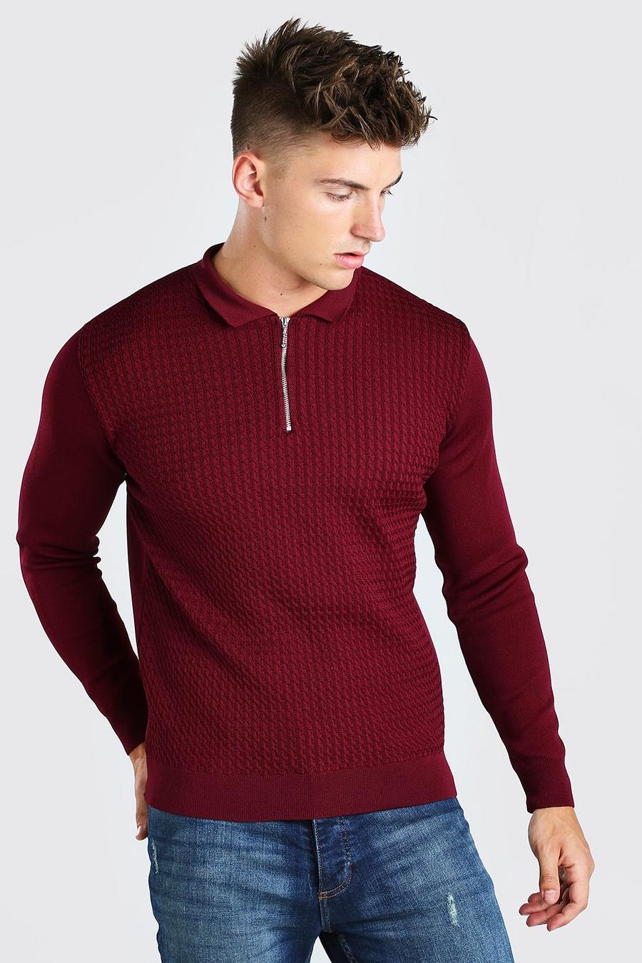 Burgundy Textured Long Sleeve Half Zip Polo image number 1