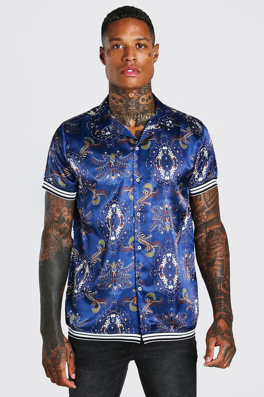 Navy Short Sleeve Tape Detail Shirt In Paisley Print image number 1