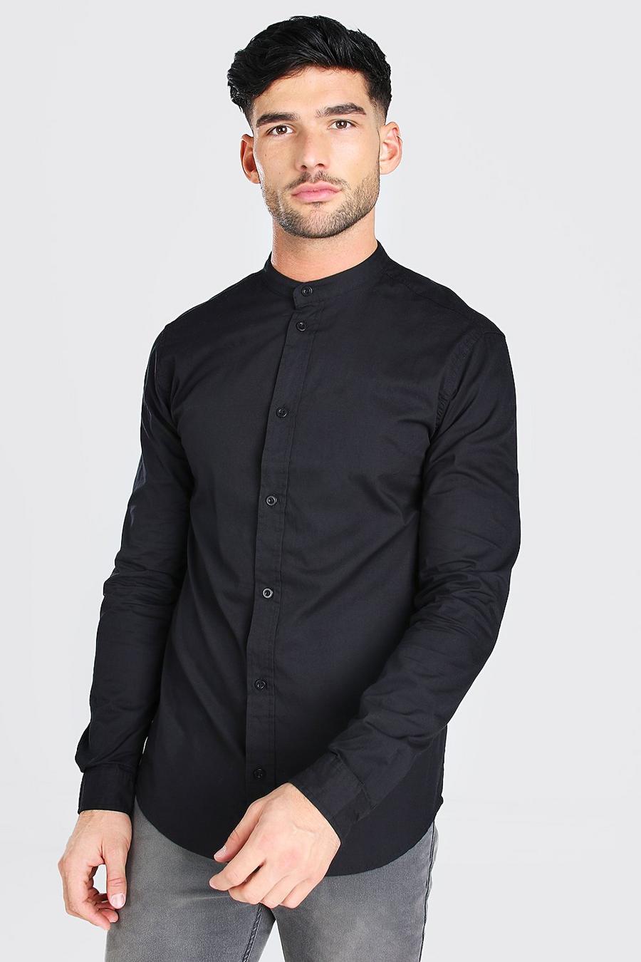 Camisa de manga larga de algodón de popelín con cuello Henley, Negro image number 1