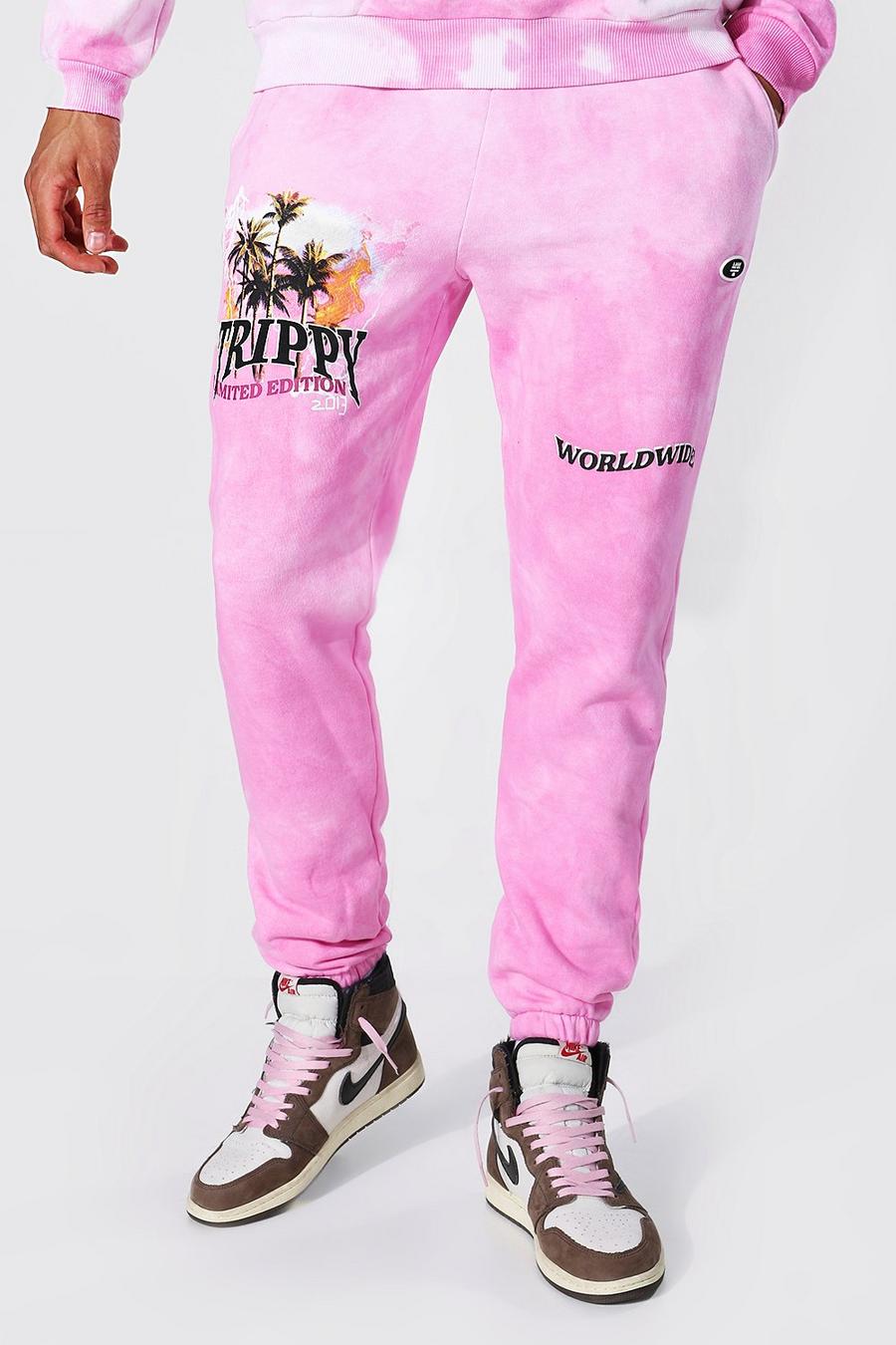 Pink rosa Tall Regular Fit Trippy Skull Tie Dye Joggers image number 1