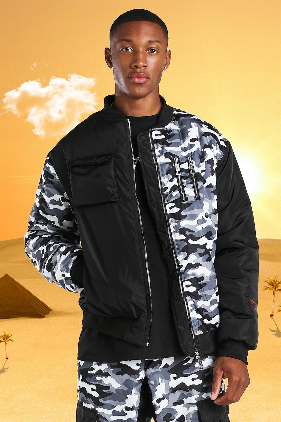 Burna Boy Gespleißte Utility-Bomberjacke mit Camouflage-Print image number 1