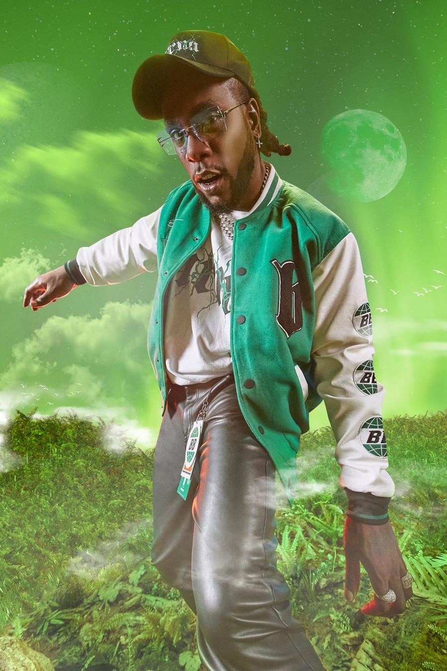 Green Burna Boy Varsity Bomber Jacket With PU Sleeves image number 1