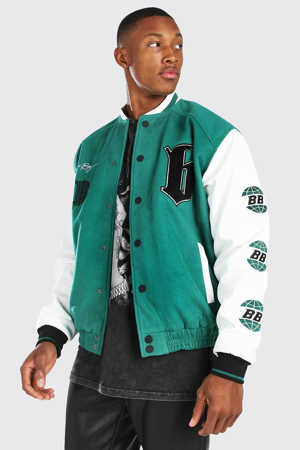 Burna Boy Varsity Bomber Jacket With PU Sleeves boohoo