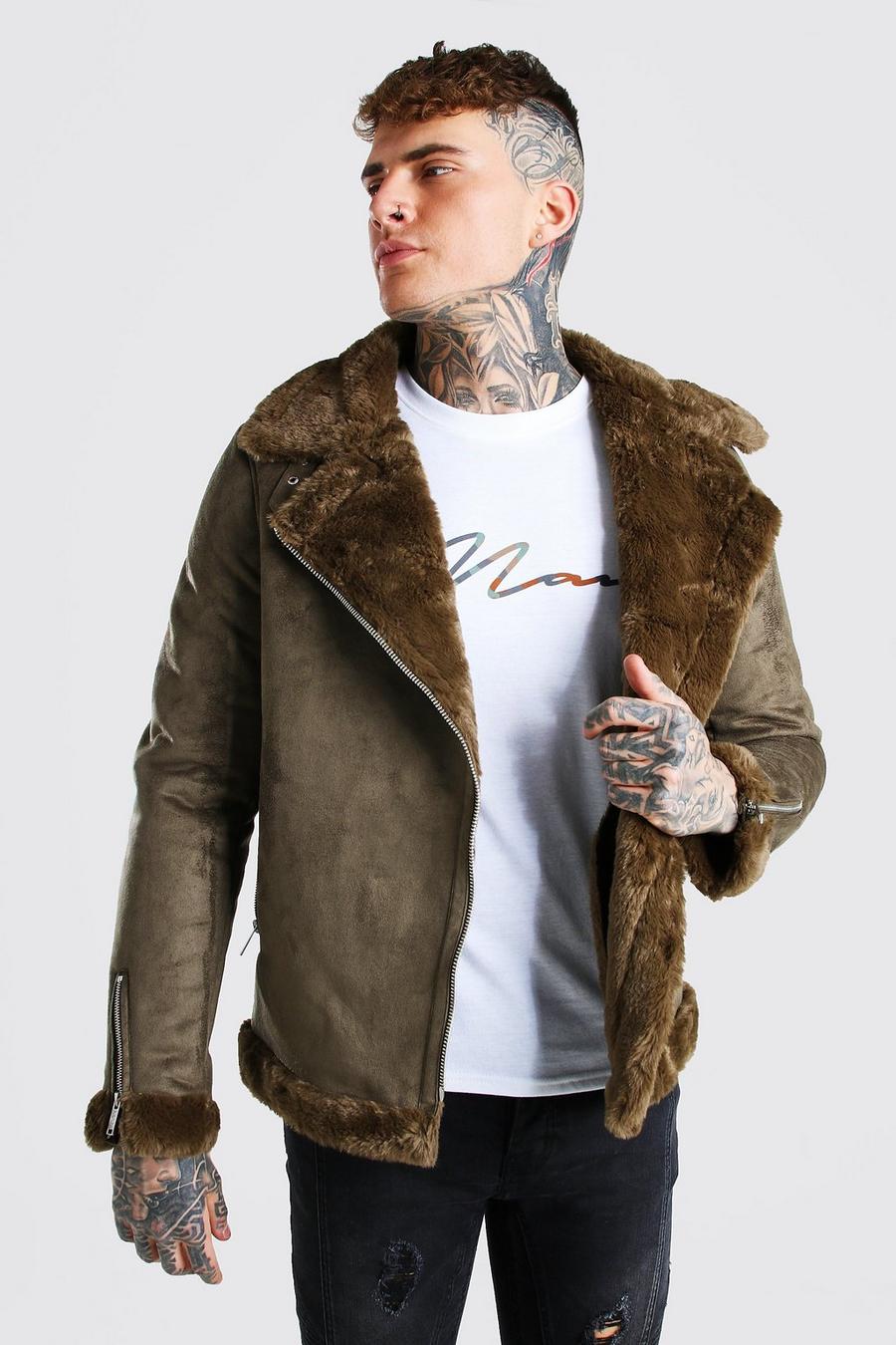 Green Faux Fur Lined Suede Aviator Jacket image number 1