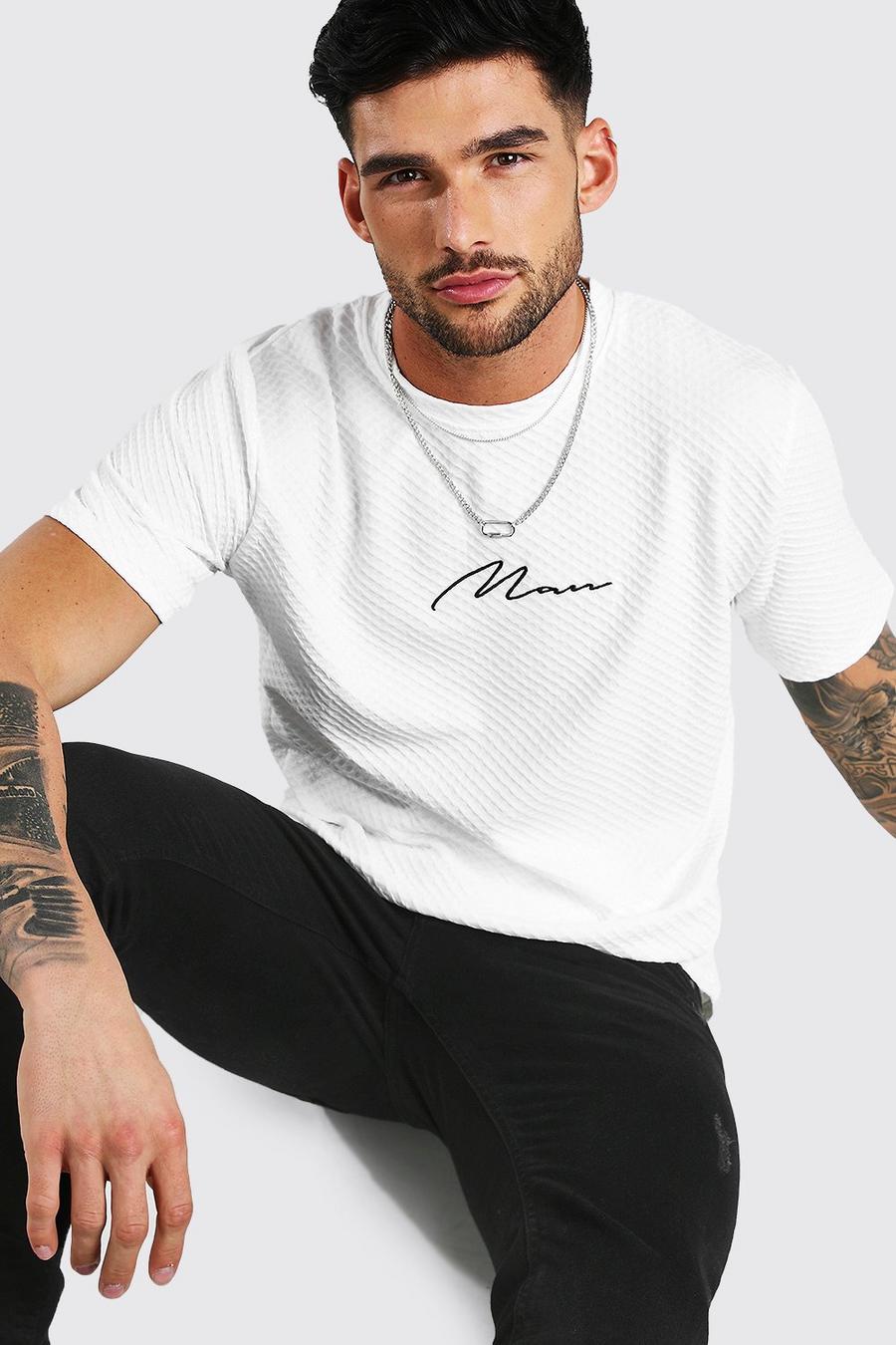 Camiseta de punto de barquillo con bordados MAN, Blanco image number 1