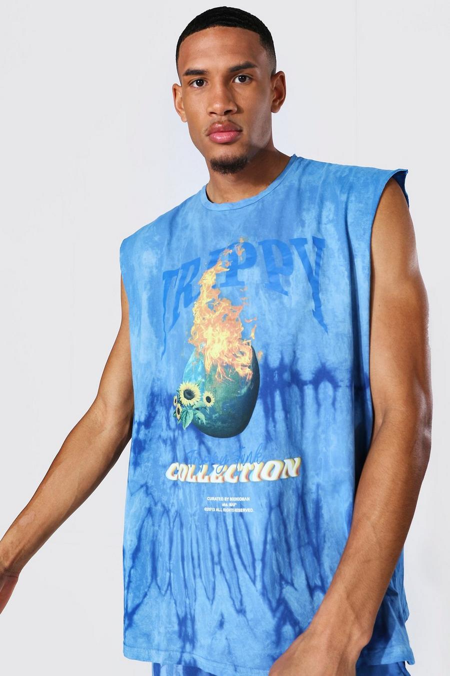 Camiseta de tirantes ancha desteñida con estampado de llamas Tall, Azul image number 1