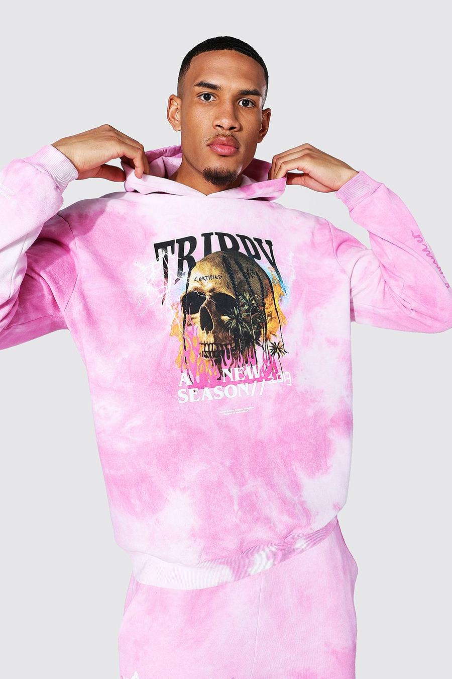 Pink Tall Oversized Skull Tour Tie Dye Hoodie image number 1