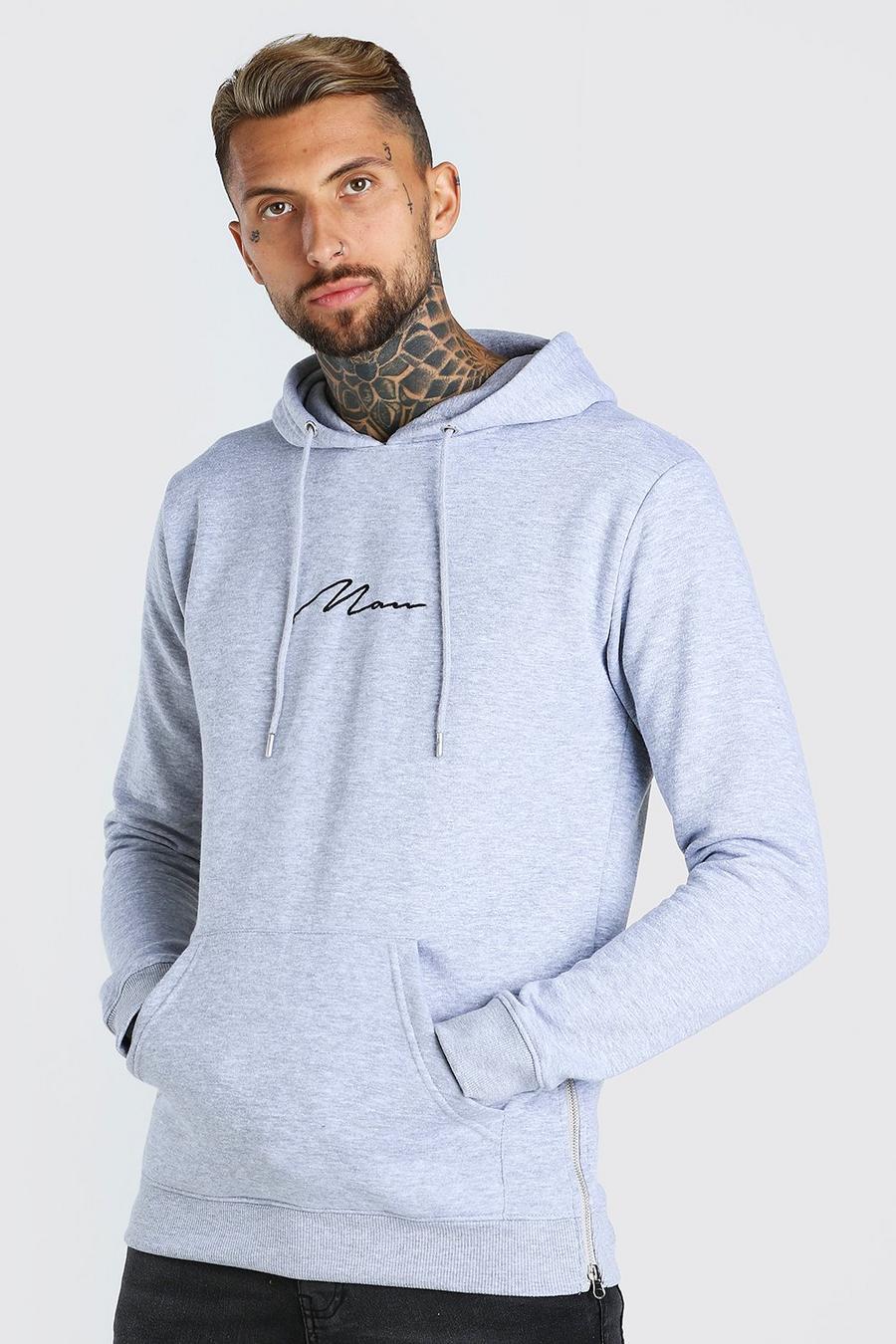 Longline MAN Signature Hoodie With Side Zips, Grey marl image number 1