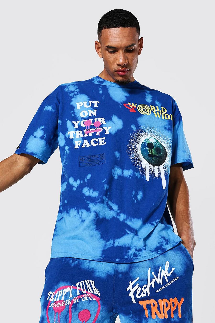 Blue Tall Oversized Drip Face Tie Dye T-shirt image number 1