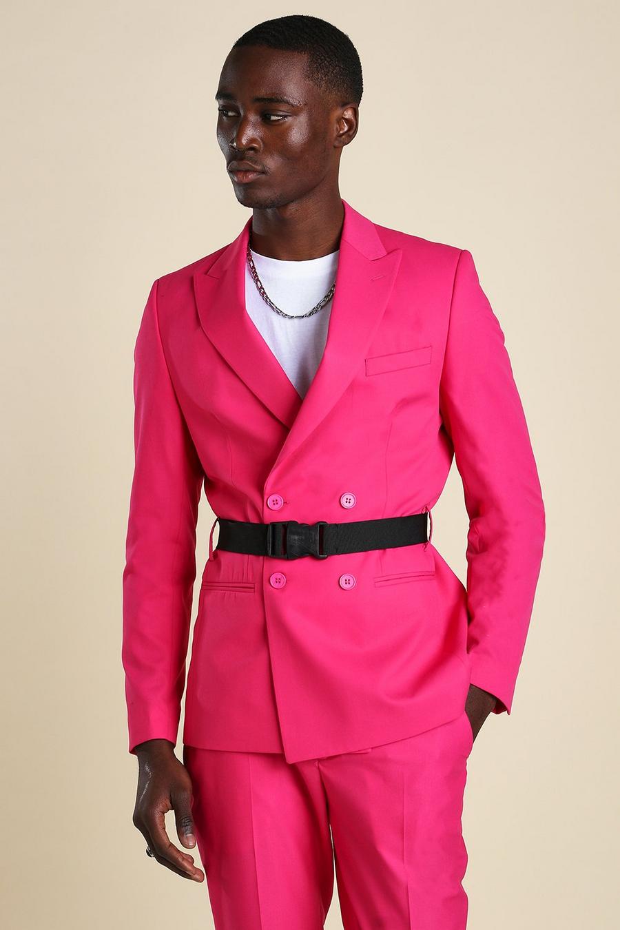 Roze Skinny Fit Blazer Met Dubbele Knopen En Ceintuur image number 1