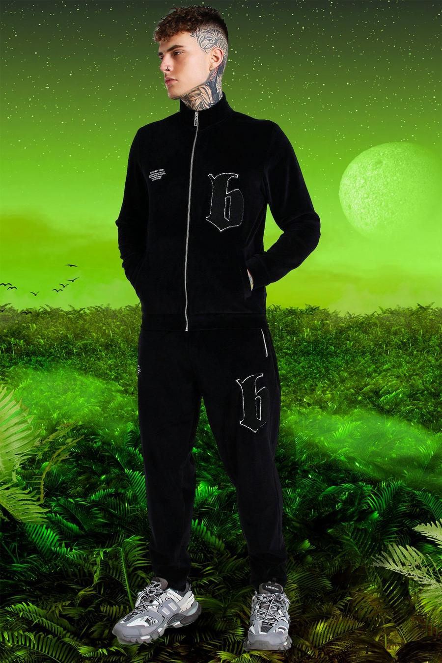 שחור חליפת טרנינג מבד דמוי קטיפה עם צווארון משפך ולוגו B מקולקציית Burna Boy image number 1