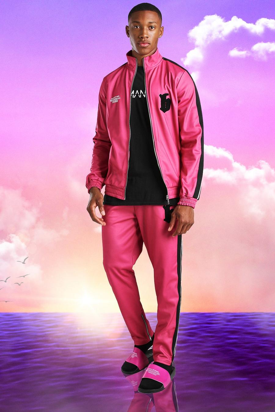 Pink Burna Boy Slim Fit Tricot Tape Funnel Tracksuit image number 1