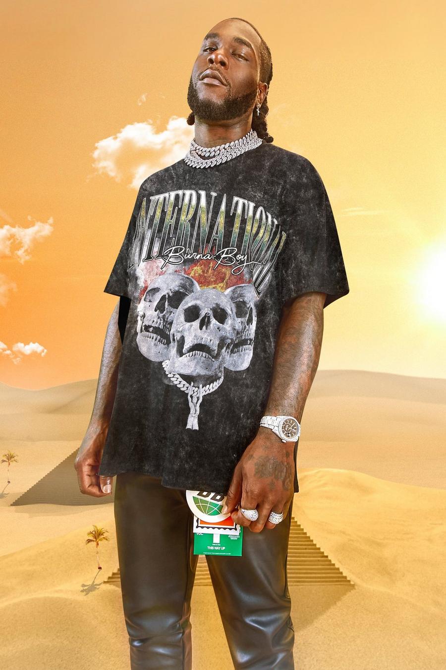 Burna Boy T-Shirt mit Acid-Waschung und Totenkopf-Print, Anthrazit image number 1