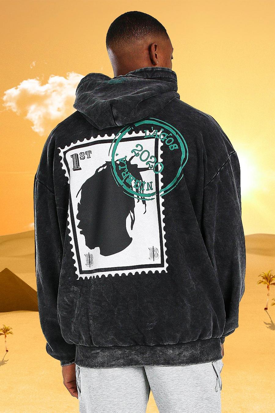 Houtskool Oversized Burna Boy stempel-hoodie met zuurwassing image number 1