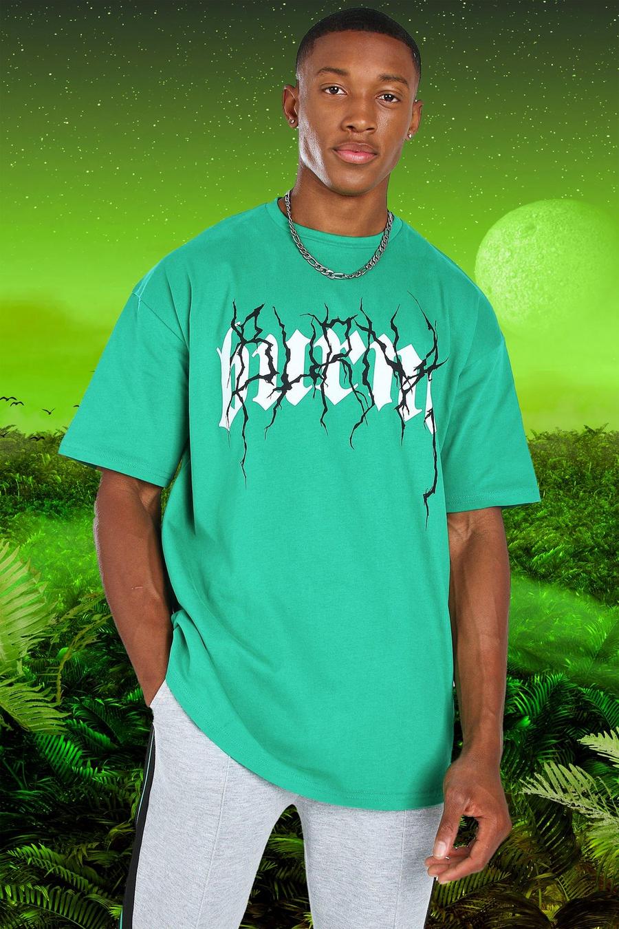 Burna Boy T-Shirt in Übergröße mit Tour-Print, Grün image number 1