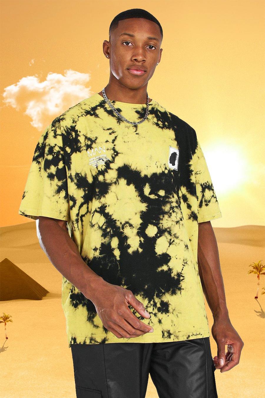 Yellow Burna Boy Oversize t-shirt med batikmönster och tryck bak image number 1
