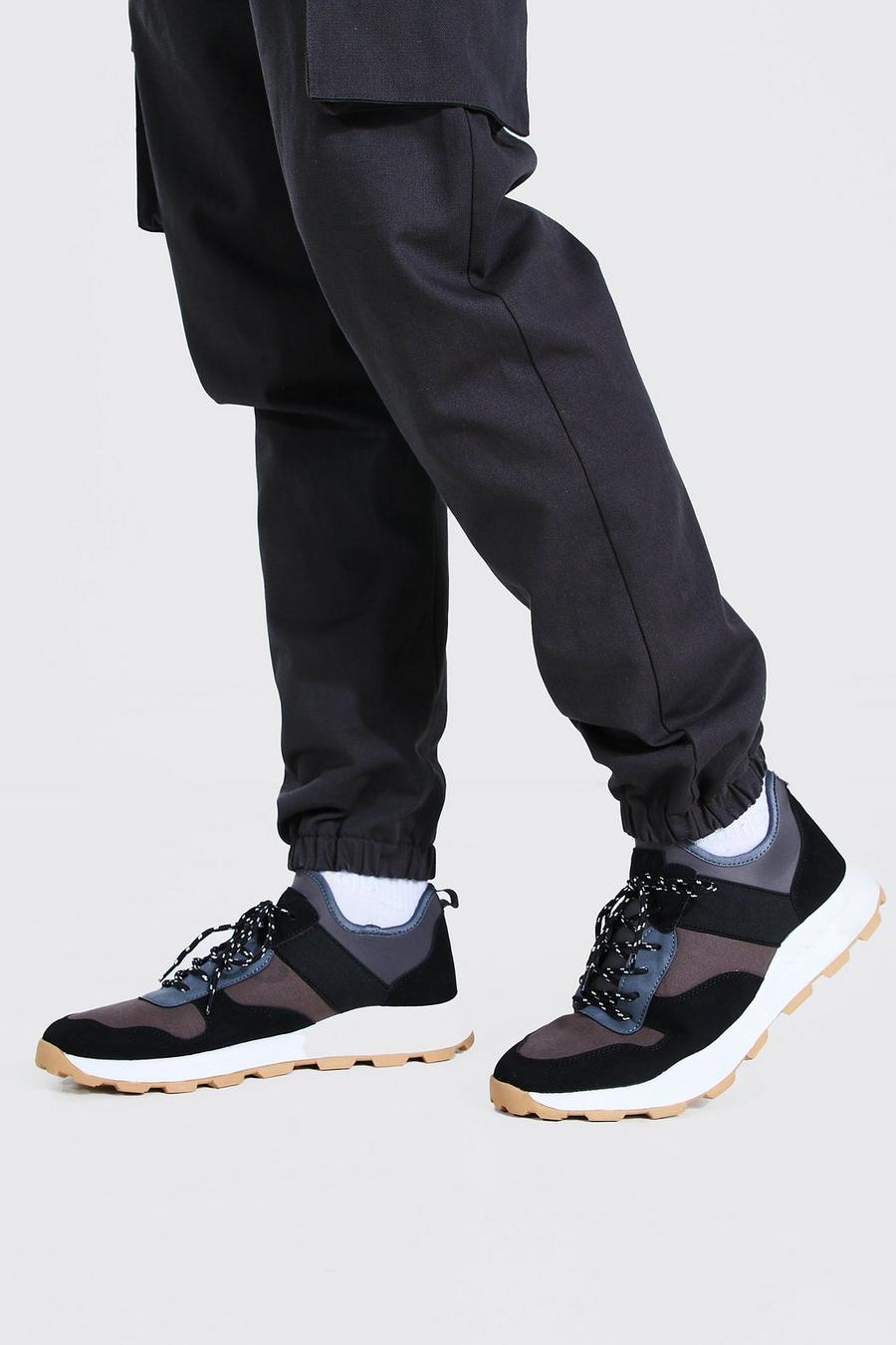 Black Panelled Chunky Sneakers With Hiker Sole image number 1