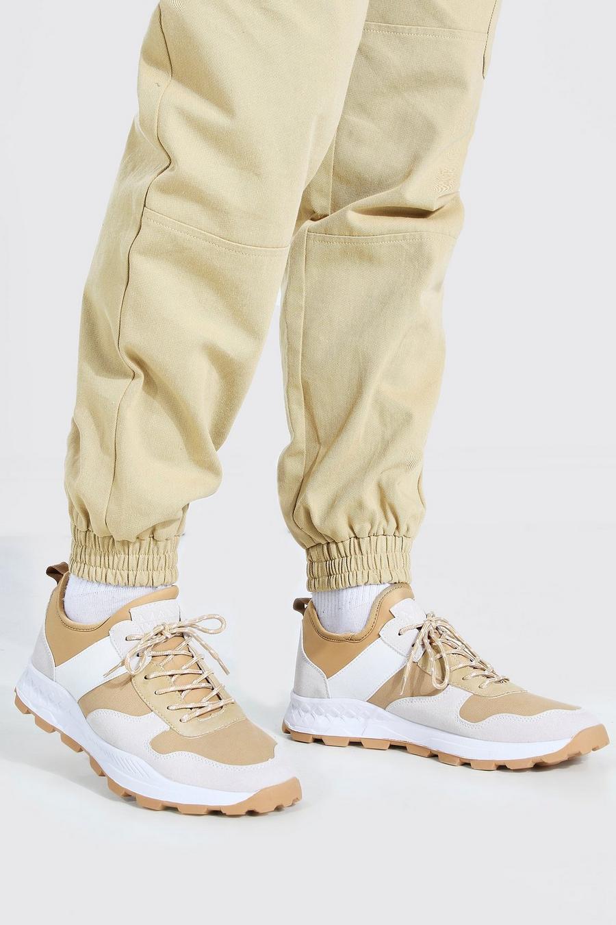 Beige Panelled Chunky Sneaker With Hiker Sole image number 1