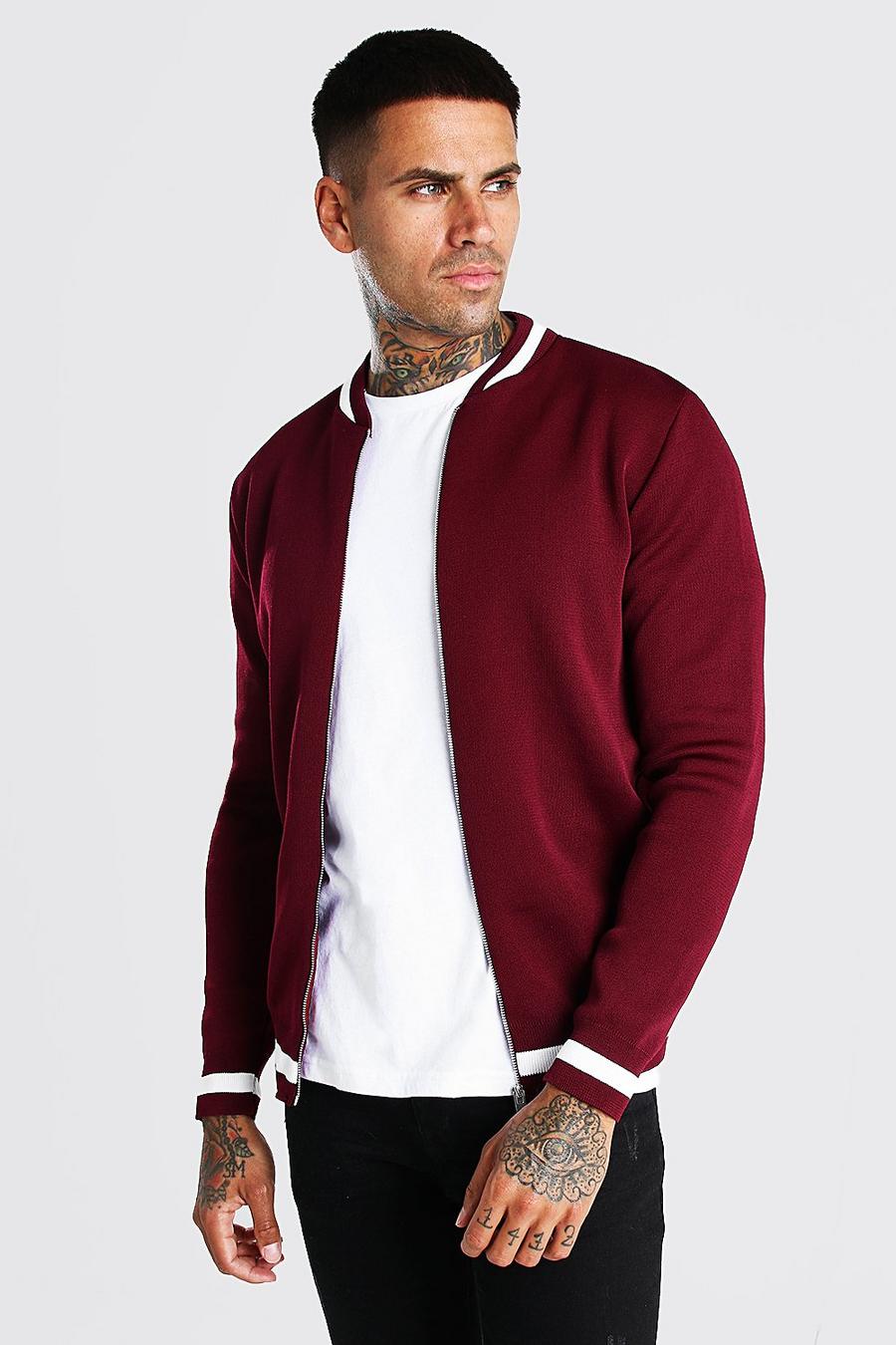 Burgundy Smart Knitted Bomber With Stripe Detail image number 1