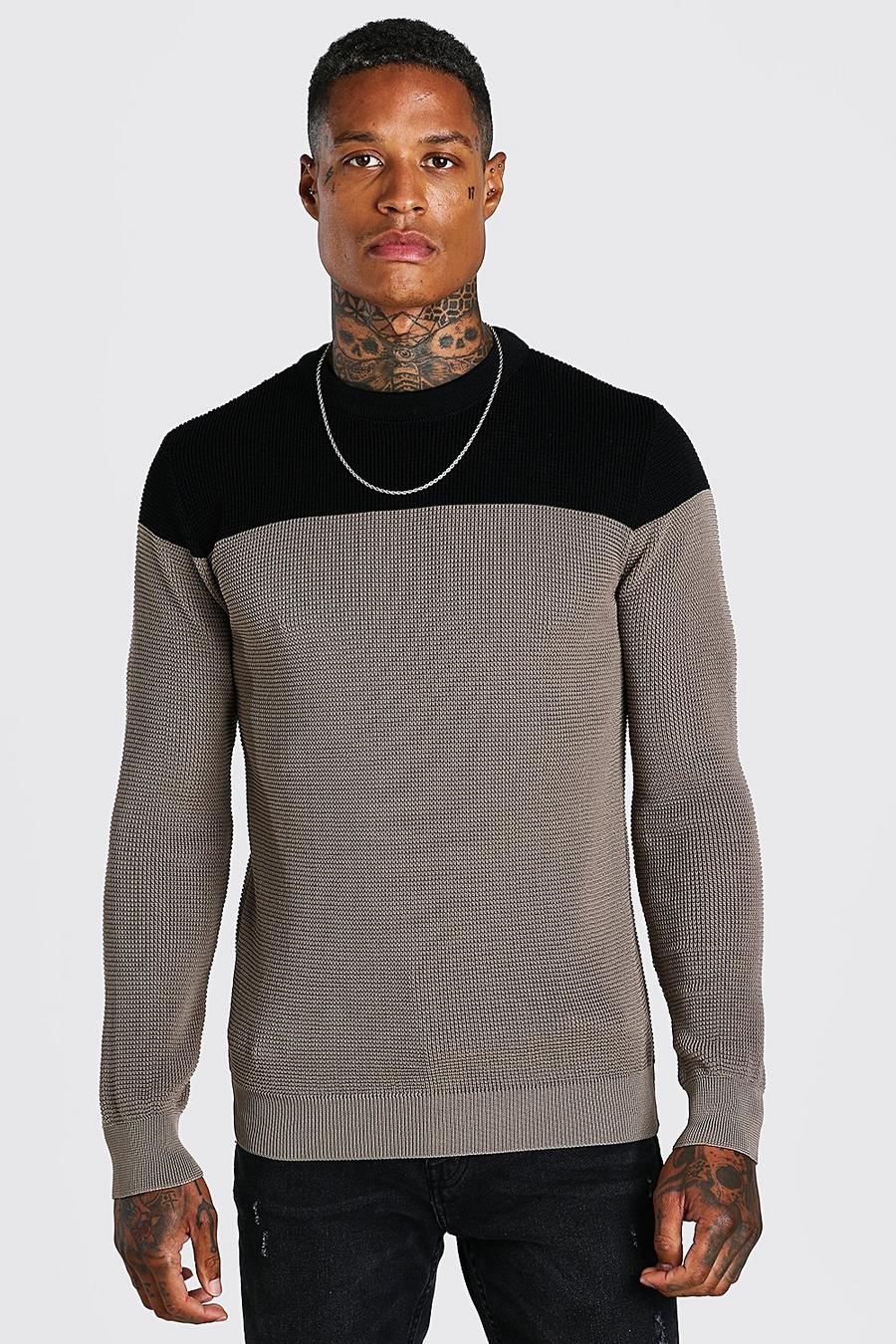 Taupe Contrast Crew Neck Muscle Fit Knitted Jumper image number 1
