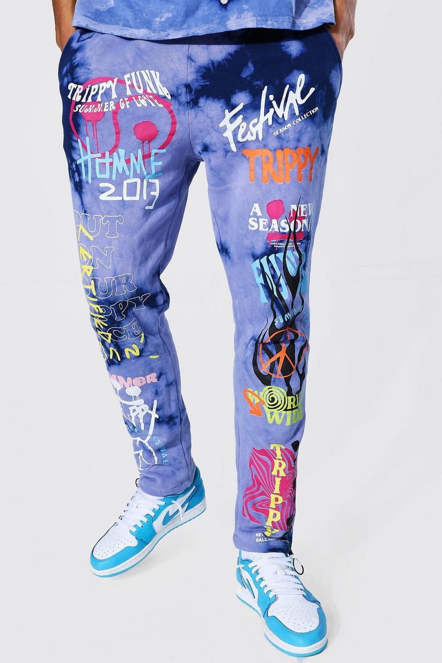 Pantaloni tuta regular effetto tie-dye con graffiti Tall, Viola image number 1