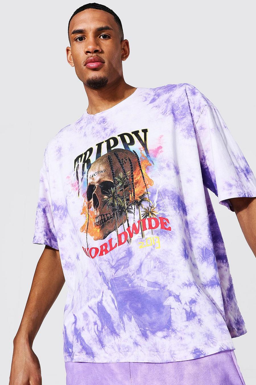 Tall T-Shirt in Übergröße mit Batik–Muster und Skull Tour-Motiv, Violett image number 1
