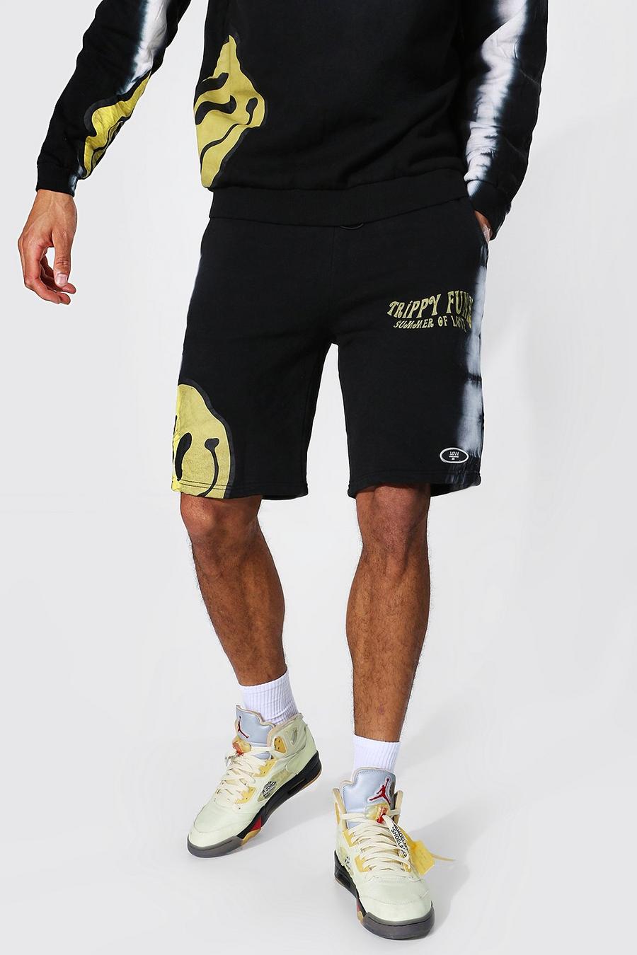 Tall Regular Fit Jersey-Shorts mit Batik-Muster und Drip Face-Print, Schwarz image number 1