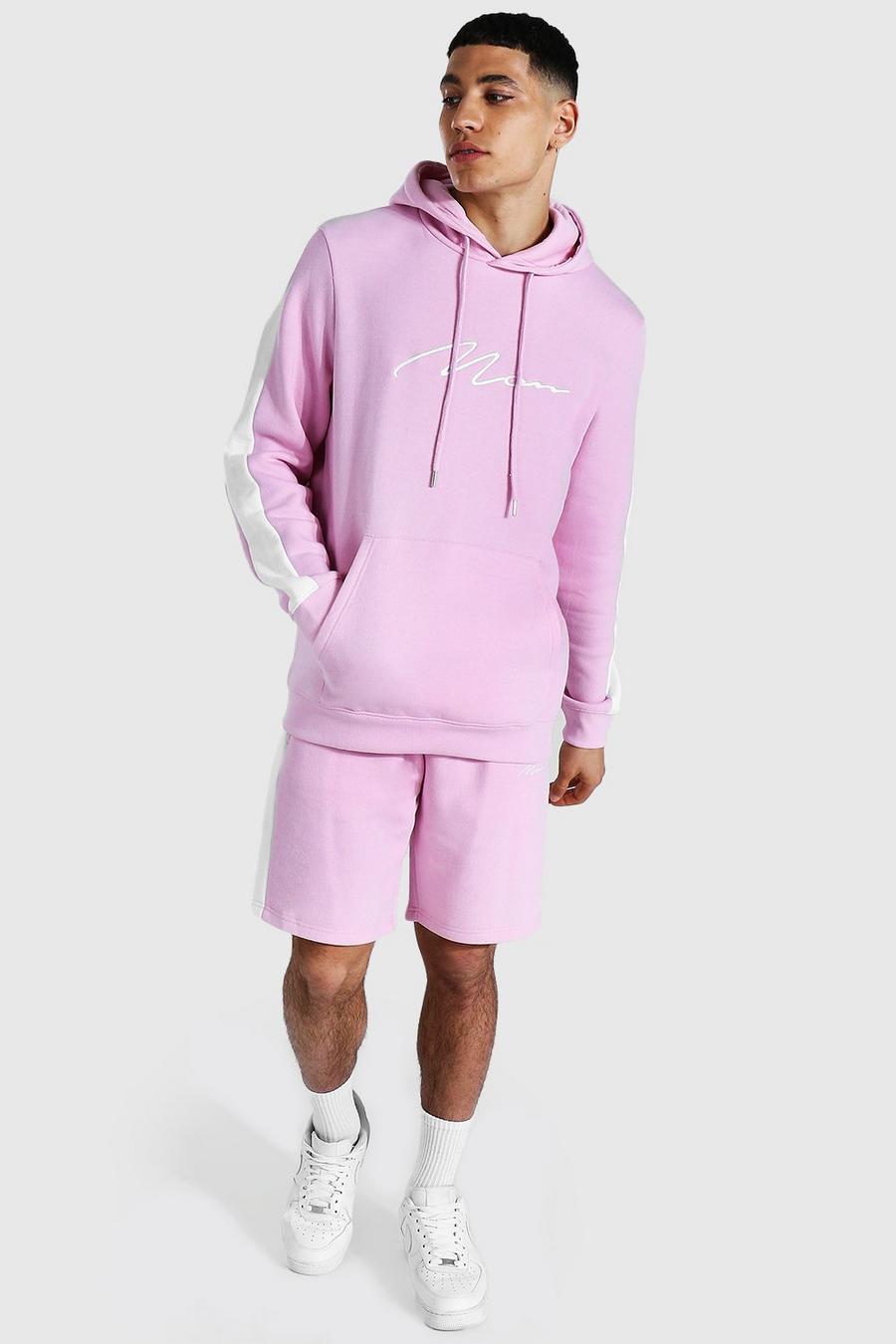 Pastel pink Man Signature Träningsoverall med shorts och kontrastpaneler image number 1