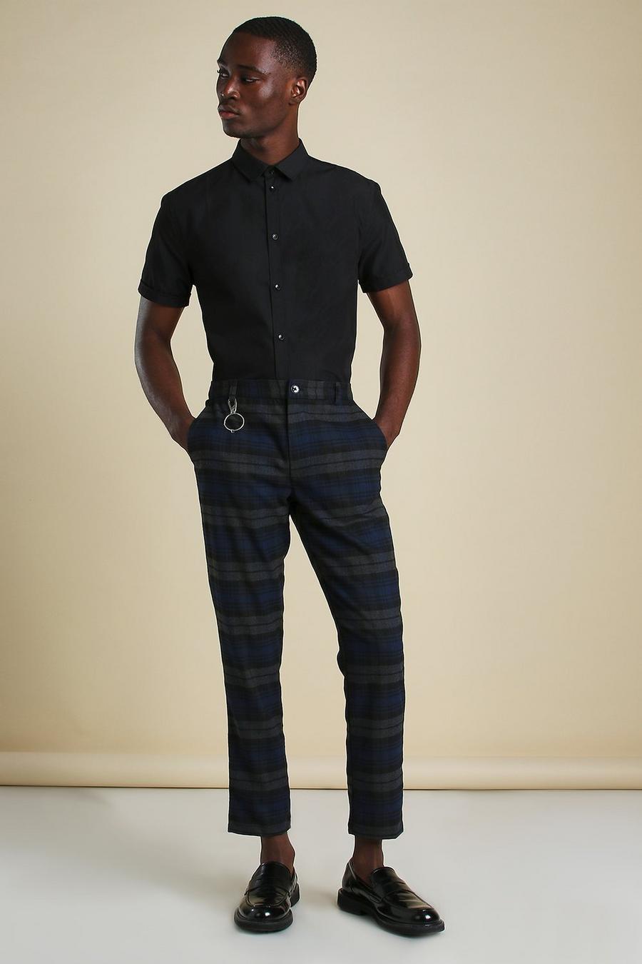 Grey Skinny Tartan Cropped O Ring Smart Trousers image number 1