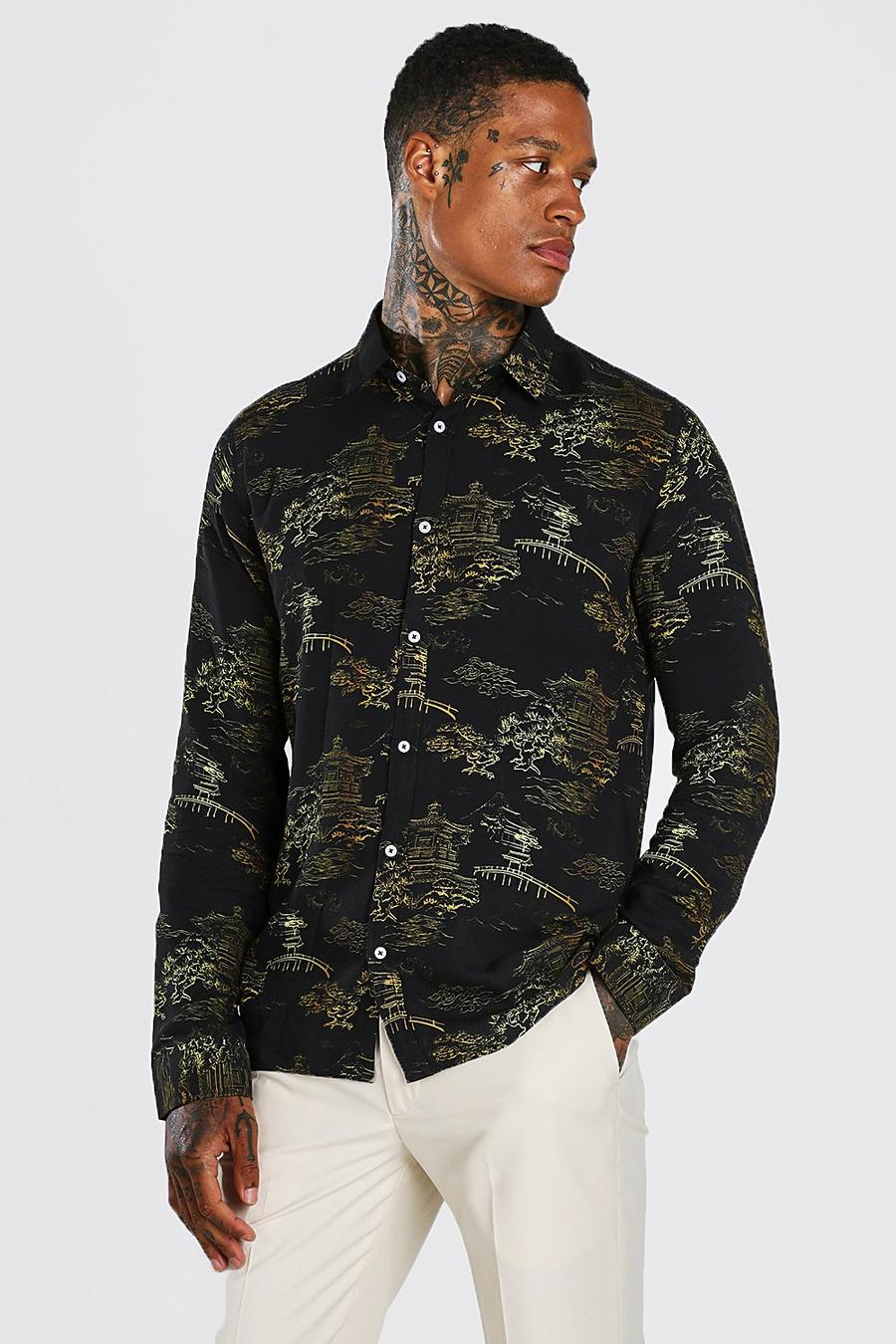 Black Långärmad skjorta i viskos med orientaliskt mönster image number 1