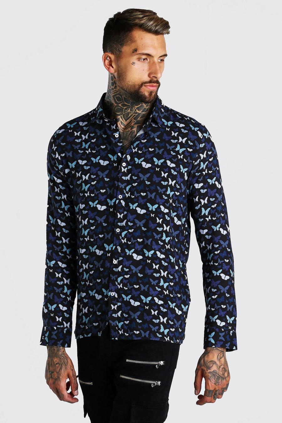 Black Långärmad mönstrad skjorta i viskos med fjärilar image number 1