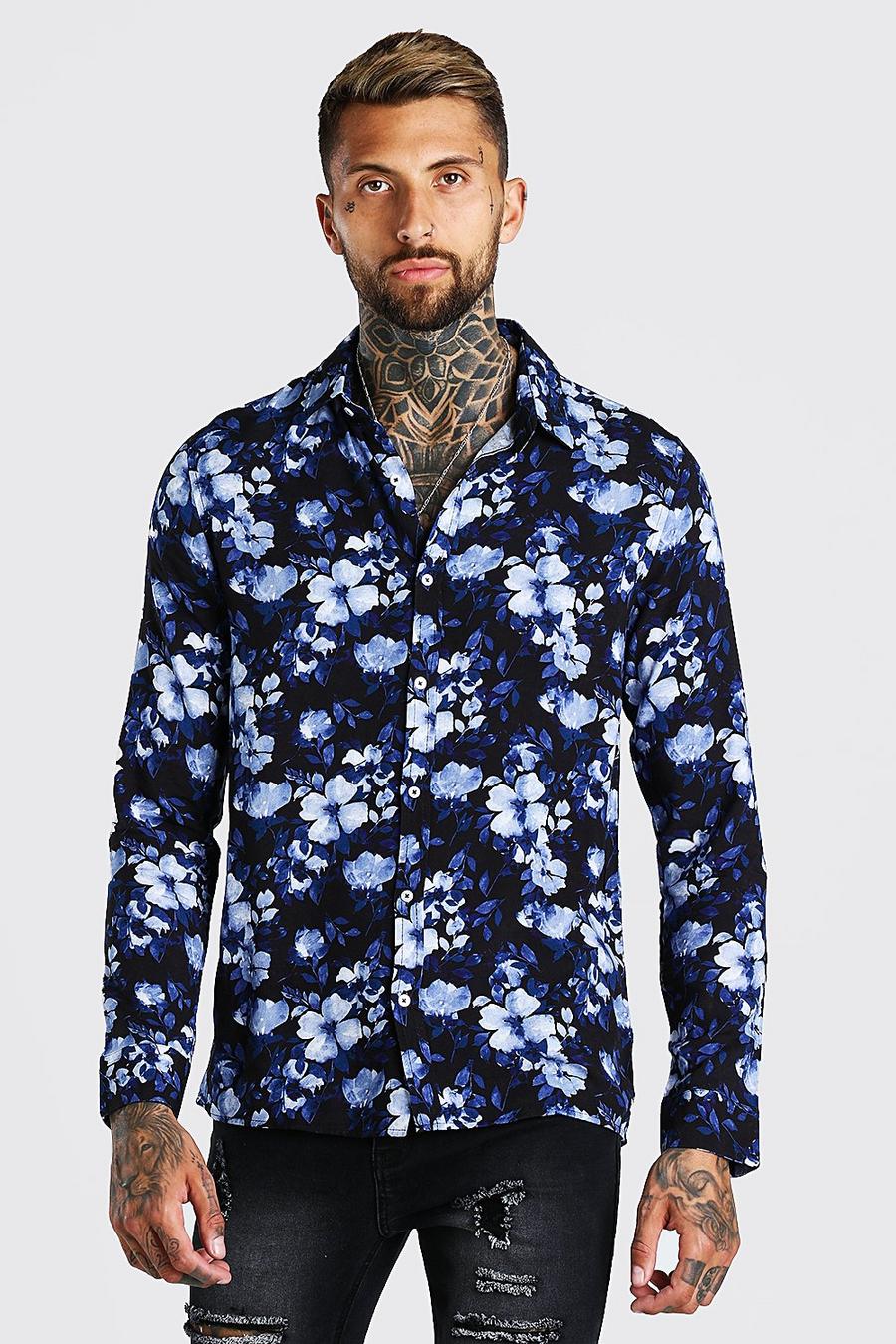 Marineblauw Bloemenprint Viscose Overhemd Met Lange Mouwen image number 1