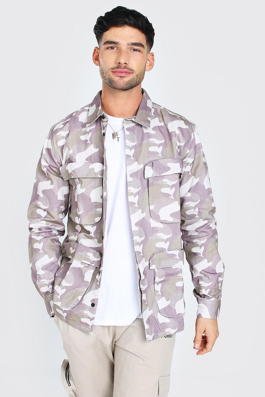 Khaki Keperstof Camouflage Print Overhemd Met 3D Utility Zakken image number 1