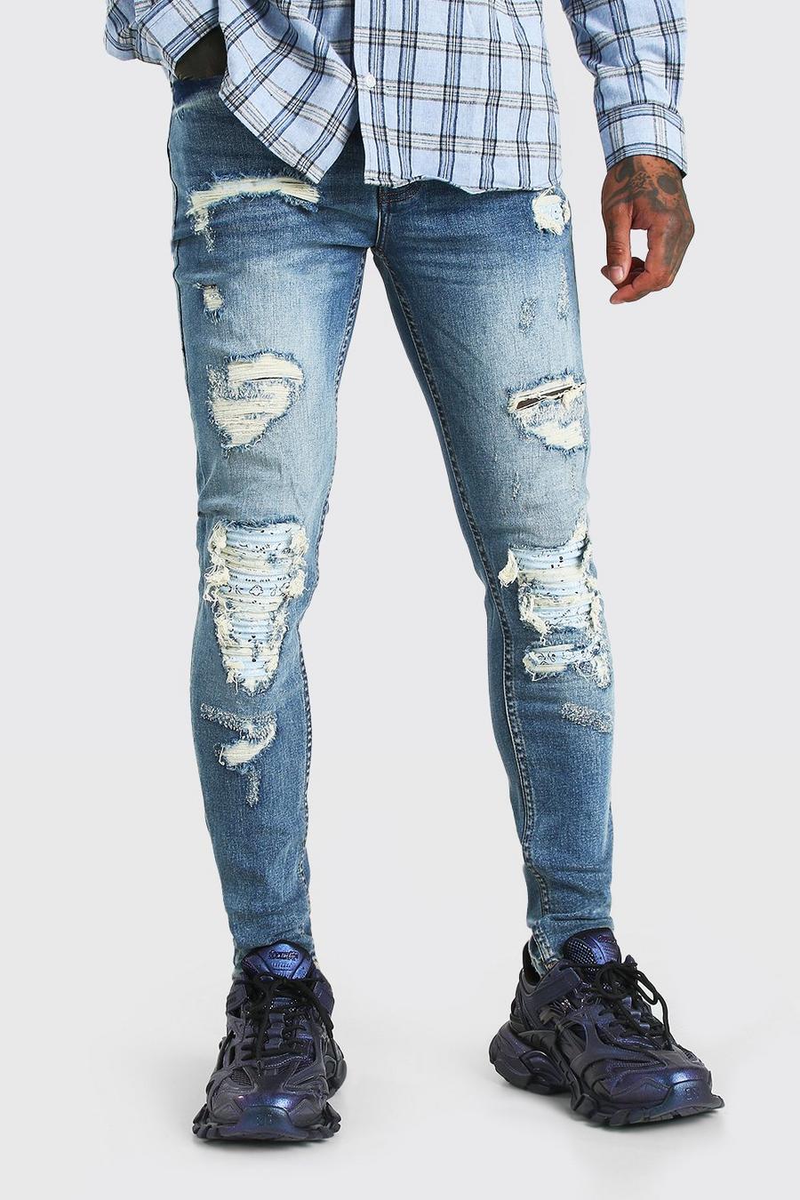 כחול ביניים ג'ינס סופר סקיני אופנוענים עם קרעים וטלאים של בנדנה image number 1