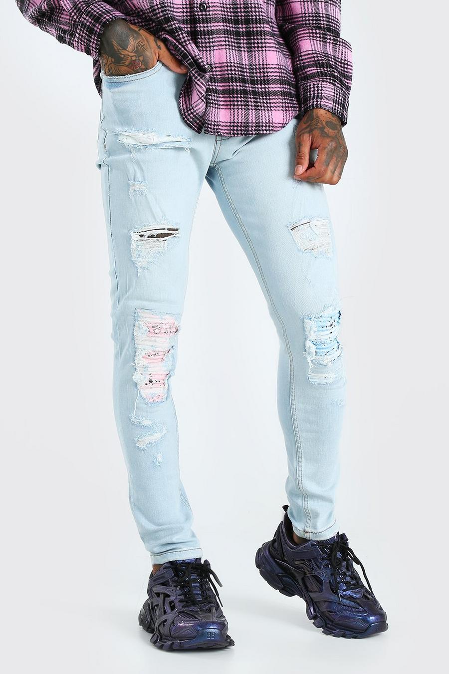 Super Skinny Biker Jeans mit buntem Bandana-Print, Eisblau image number 1