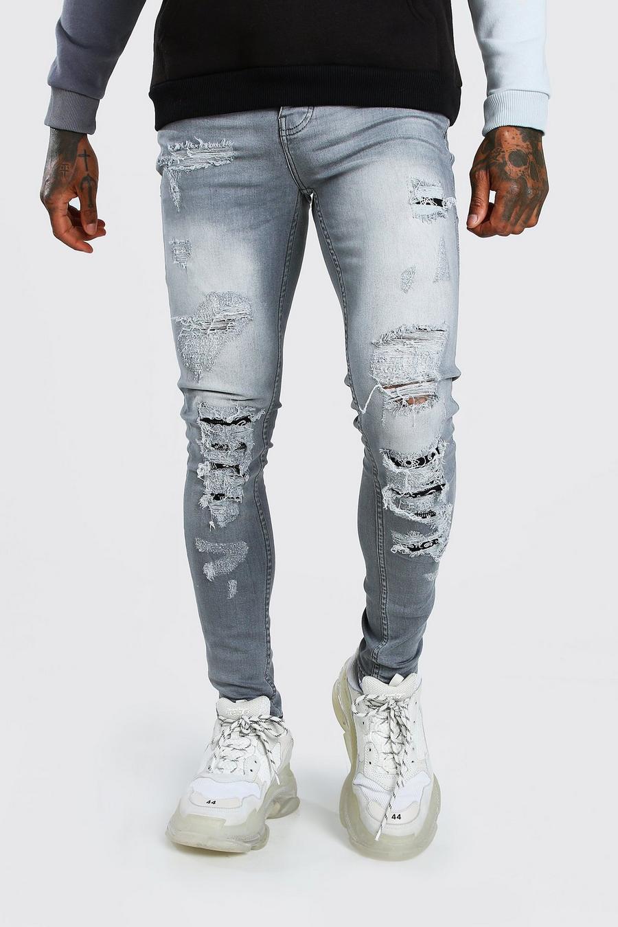 Super Skinny Biker Jeans mit buntem Bandana-Print, Grau image number 1