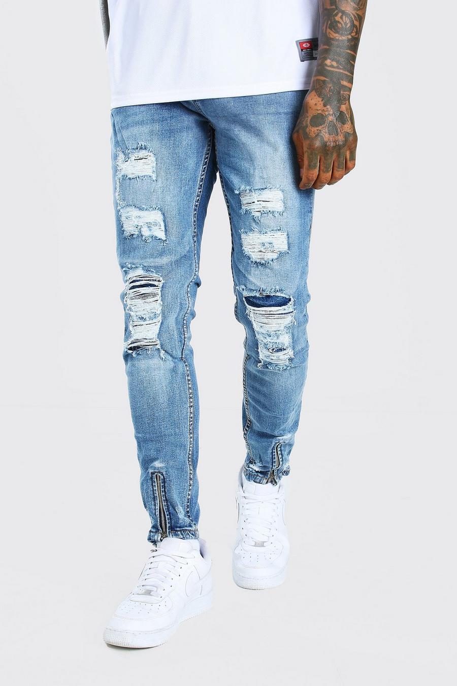 כחול ביניים סופר סקיני ג'ינס עם קרעים לכל האורך image number 1