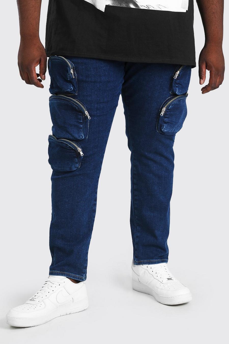 כחול סקיני ג'ינס עם כיסי רוכסן בסגנון דגמ"ח לגברים גדולים וגבוהים image number 1