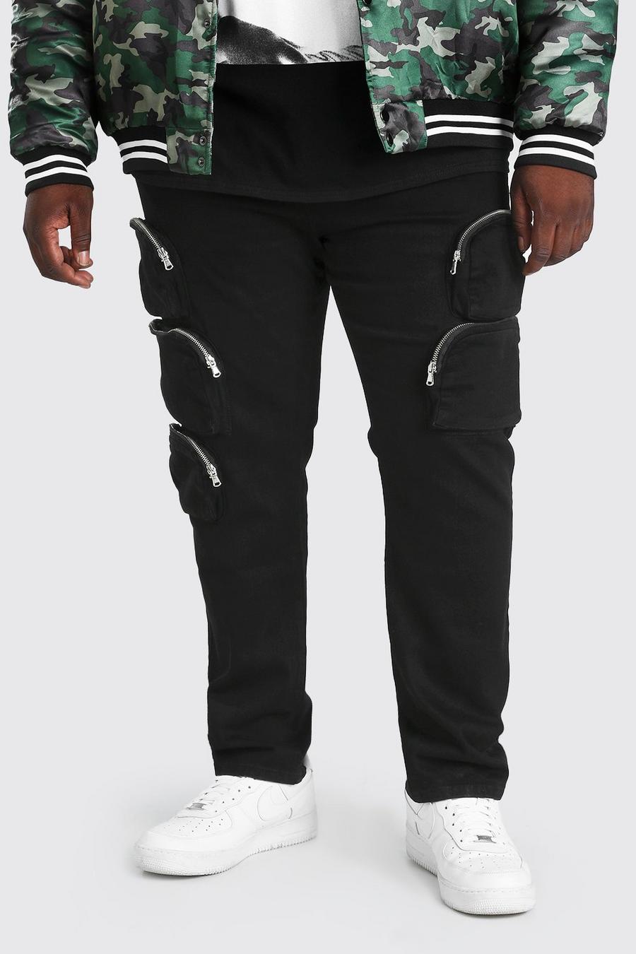 שחור סקיני ג'ינס עם כיסי רוכסן בסגנון דגמ"ח לגברים גדולים וגבוהים image number 1