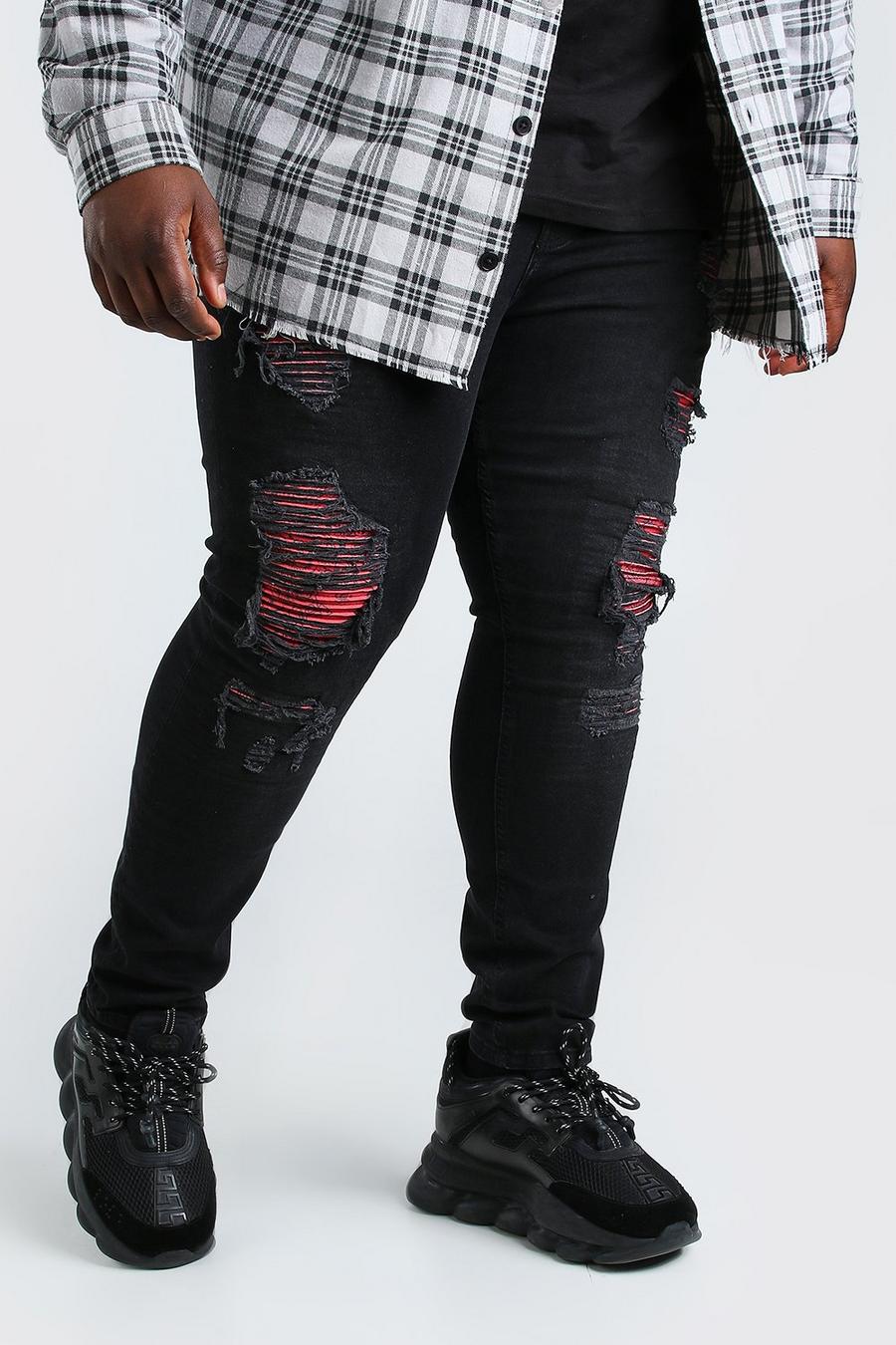 Black Plus Size - Super skinny jeans med slitage och lagningar med bandanamönster image number 1