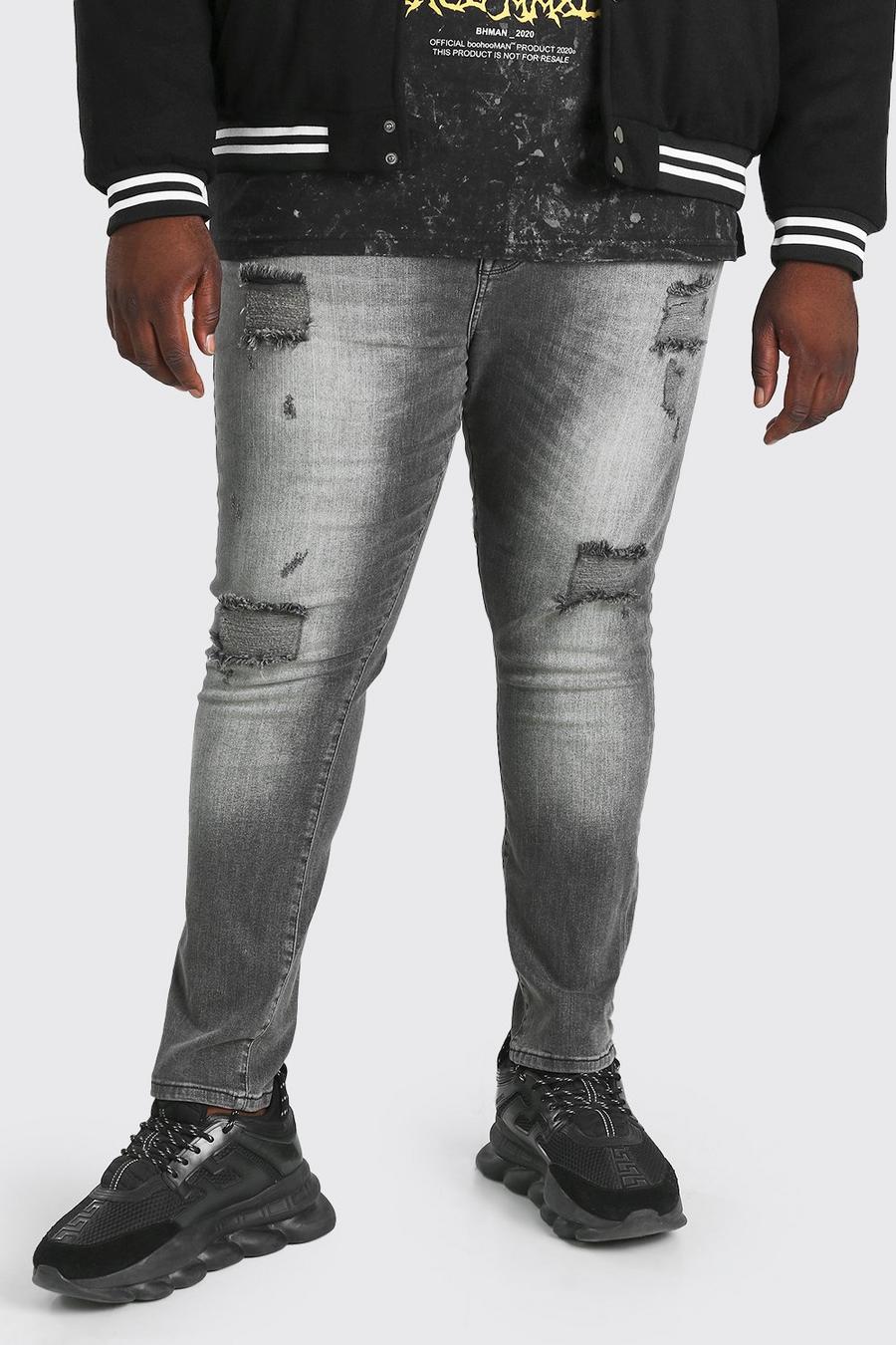 שחור דהוי סופר סקיני ג'ינס עם קרעים מרובים לגברים גדולים וגבוהים image number 1