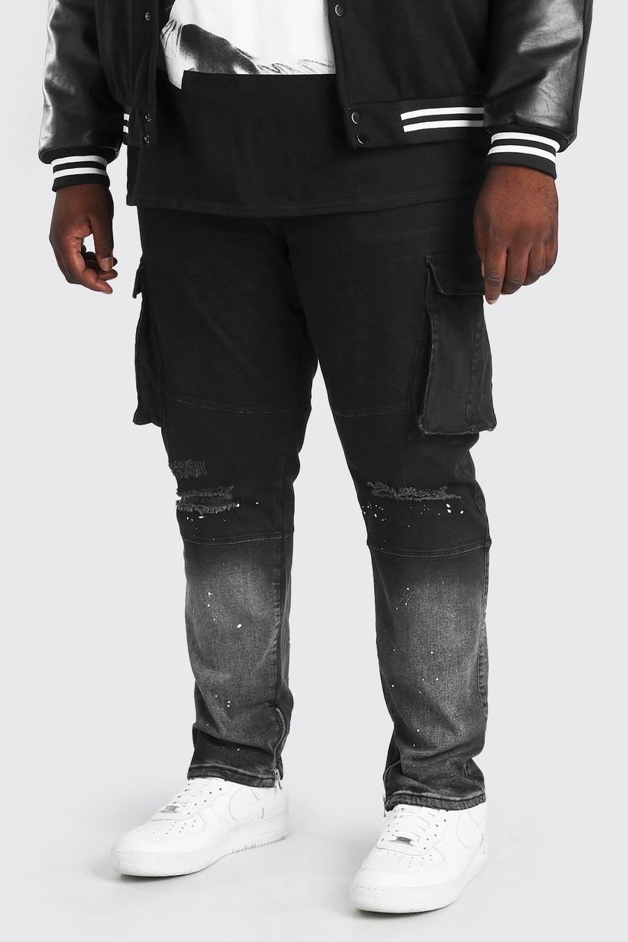 Black Plus Size Skinny Cargo Jeans Met Verfspetters image number 1