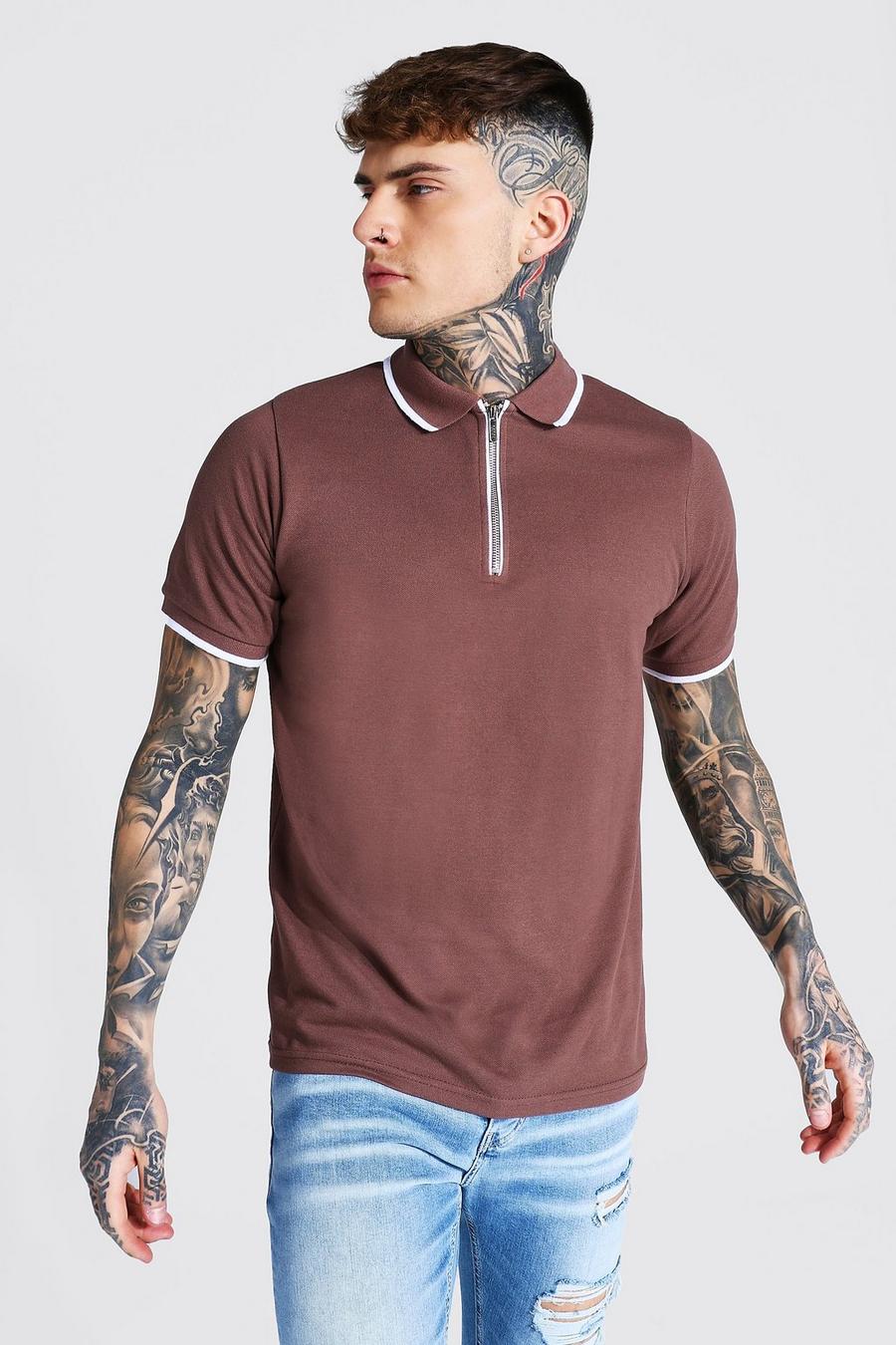 Taupe Short Sleeved Pique Zip Polo With Tipping image number 1